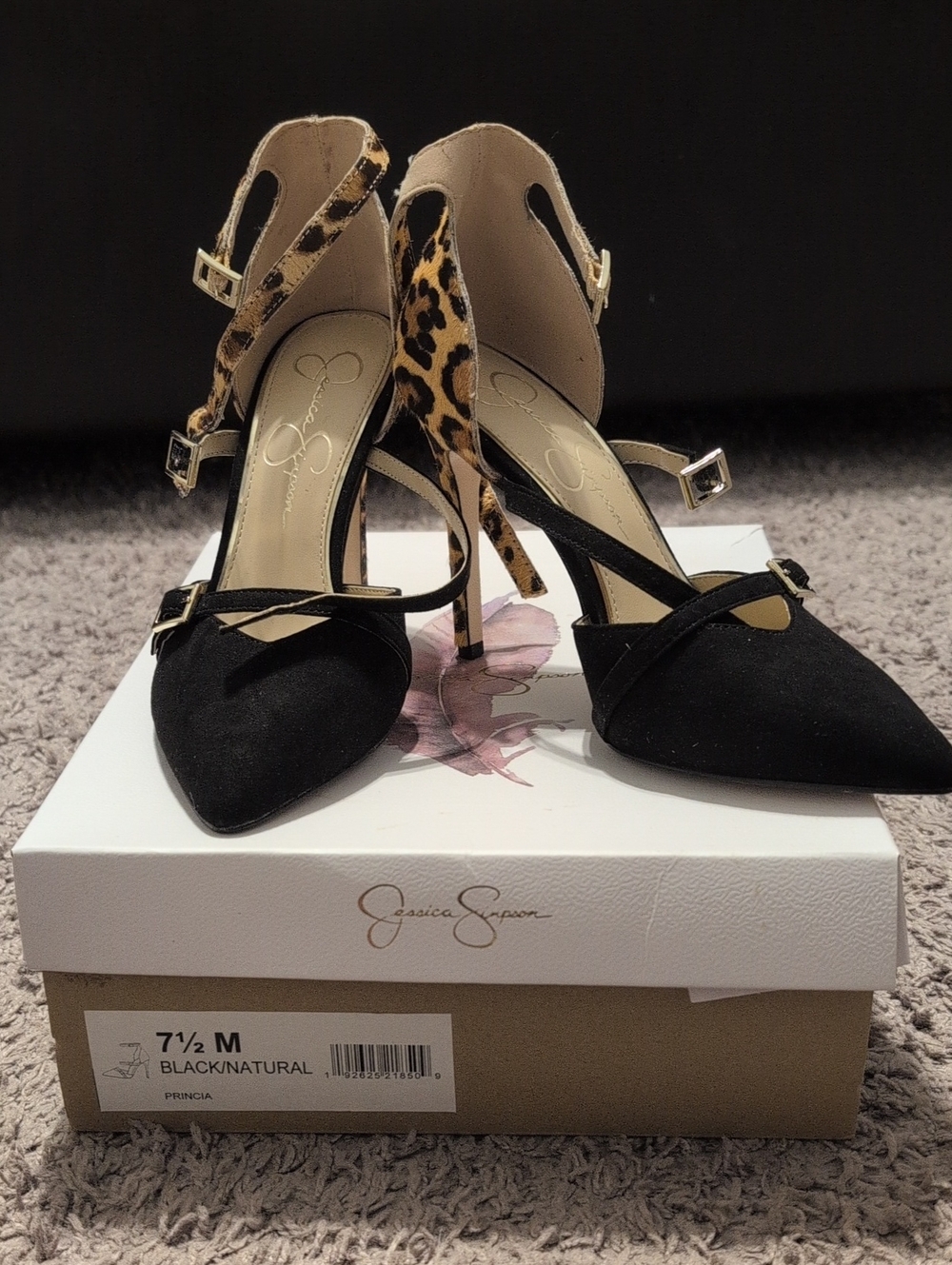 Jessica Simpson Black Suede Pointed-Toe Pumps with Leopard Ankle Straps